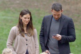 Ben Affleck, gray shirt, suit jacket, Jennifer Garner, brown sweater, beige sweater, jeans, athletic shoes